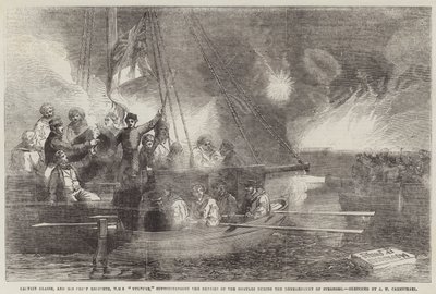 Kapitän Glasse und sein Chefingenieur, HMS Vulture, beaufsichtigen die Reparaturen der Mörser während der Bombardierung von Sveaborg von John Wilson Carmichael