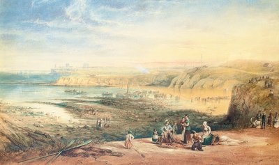 Cullercoats in Richtung Tynemouth, Northumberland, mit Fischern im Vordergrund, 1836 von John Wilson Carmichael