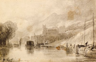Flusslandschaft mit Lastkähnen und Burgruine von John Wilson Ewbank