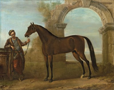 Der Godolphin Araber, gehalten von einem Stallburschen, in einer Landschaft mit einer Ruinenbogen, 1731 von John Wootton