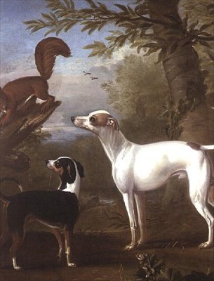Zwei Jagdhunde, die von einem Eichhörnchen auf einem Baumstumpf angezogen werden von John Wootton