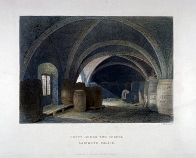 Krypta mit Fässern unter der Kapelle im Lambeth Palace, London von John Wykeham Archer