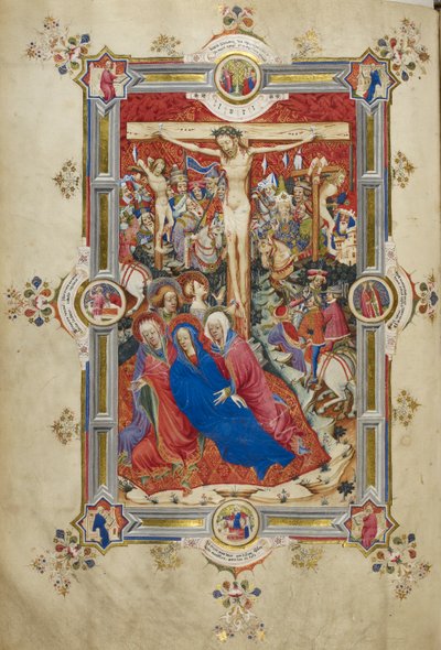 Die Kreuzigung, Einführung des Kanons der Messe. Christus am Kreuz, flankiert von Dieben, ohnmächtige Jungfrau, unterstützt von Frauen und St. Johannes, Magdalena am Fuß des Kreuzes. Menge von berittenen Zuschauern in zeitgenössischer Kleidung, einschließl von John and Siferwas John (fl. 1380–1421 Whas
