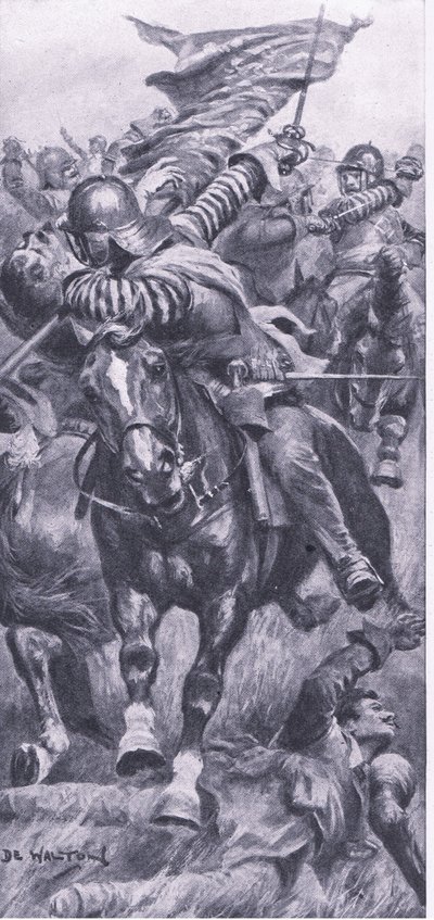 Leutnant John Smith erobert die königliche Standarte bei Edgehill zurück, 23. Oktober 1642, Illustration aus British Battles on Land and Sea, 1915 von John de Walton