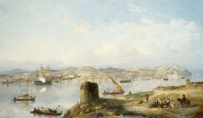 Ein weiter Blick auf Lissabon am Fluss Tejo mit dem Praca do Terreiro do Paco, der alten Kathedrale und dem Castelo de S. Jorge von John or Giovanni Schranz
