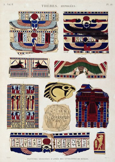 Illustrationen von bemalten Designs aus den Wicklungen der Mumien, Hypogees, Theben, Platte 58 aus Band II von 