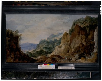 Panoramische Berglandschaft mit Handwerksburschen, die den Armen geben, Packpferde im Hintergrund von Joos or Josse de The Younger Momper