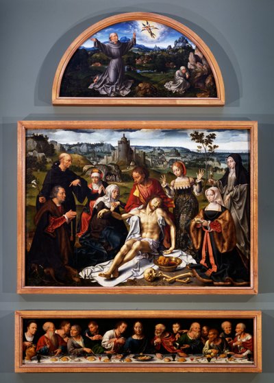 Altarbild der Kreuzabnahme, mit den Stigmata des Hl. Franziskus, der Kreuzabnahme Christi und dem Letzten Abendmahl aus der Kirche der Minderbrüder in Genua von Joos van Cleve