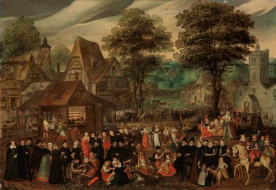 Dorffest mit elegant gekleideten Figuren in Prozession, ein Fluss und Turm im Hintergrund von Joris Hoefnagel