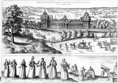 Ankunft von Königin Elizabeth I. im Nonesuch Palace und Männer und Frauen aus der Tudor-Gesellschaft, 1582 von Joris Hoefnagel