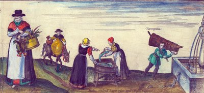 Landvolk auf dem Weg zum Markt, Fischweiber verkaufen Hecht und ein Lehrling holt Wasser aus einem Brunnen, 1598 (Detail) von Joris Hoefnagel