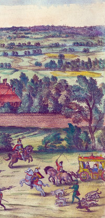 Höflinge und Jagdhunde begleiten die Ankunft von Königin Elizabeth I. im Nonsuch Palace, 1598 (Detail) von Joris Hoefnagel