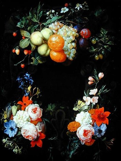 Orangen, Pfirsiche, Trauben, Pflaumen, Erdbeeren, Himbeeren und andere Früchte mit Rosen, Geißblatt und anderen Blumen von Joris van Son