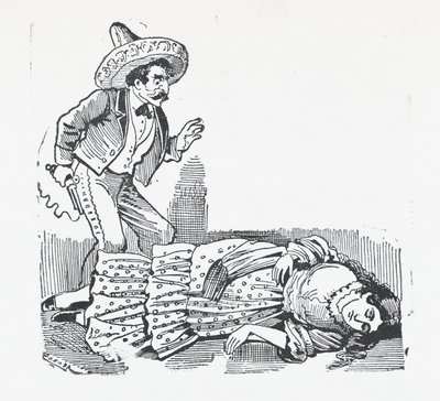 Ein Mann mit einer Waffe steht über einer Frau, die er gerade erschossen hat von José Guadalupe Posada