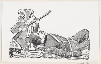 Ein Revolutionär mit einem Gewehr, der kniet, um einen gefallenen Revolutionär zu schützen, ca. 1880-1910 von José Guadalupe Posada