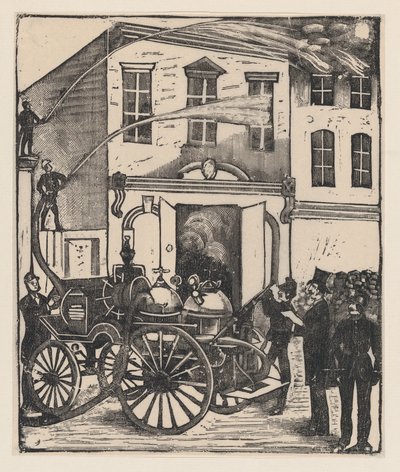 Feuerwehrleute löschen ein Feuer in einem Haus, Feuerwehrauto im Vordergrund, ca. 1880-1910 von José Guadalupe Posada