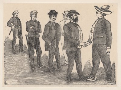 Zwei Männer schütteln sich die Hand im Vordergrund und Offiziere beobachten sie im Hintergrund von José Guadalupe Posada