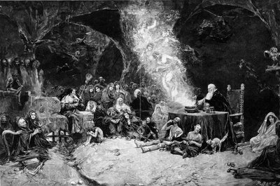 Sabbatszene, ein Zauberer leitet die Zeremonie und beschwört Kreaturen in einem magischen Kessel. Hexen nehmen an der Szene teil. Nach einer Zeichnung von Jose Benlliure y Gil (1855-1937) von Jose Benlliure y Gil