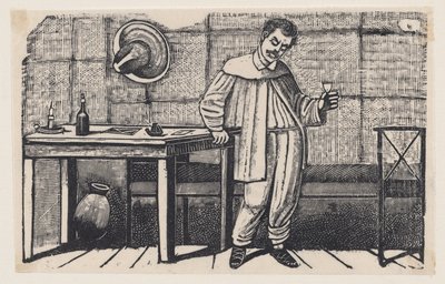 Ein Mann mit einem Glas in der Hand, der nach unten schaut und sich auf einen Tisch lehnt, eine Illustration aus 