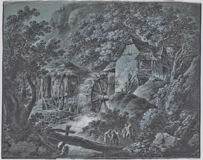 Mühle in Waldlandschaft mit mehreren Personen und einem Riesen von Josef Abel