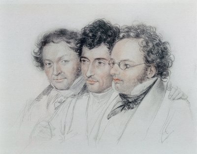 Von links nach rechts, Freunde der Komponisten Johann Baptist Jenger (1793-1856), Anselm Huttenbrenner (1794-1868) und Franz Schubert (1797-1828), Pastell von Josef Eduard Teltscher