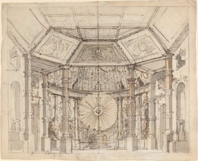 Bühnenbild für einen Kuppeltempel-Innenraum mit einer Sonnenscheibe über dem Altar von Josef Ignáz Platzer