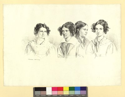 Vier Mädchen auf einem Blatt von Josef Kriehuber