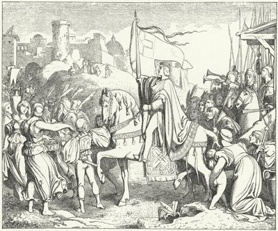 Der Heilige Römische Kaiser Friedrich II. zieht in Jerusalem ein, Sechster Kreuzzug von Josef Mathias (after) Trenkwald