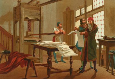 Gutenberg druckt die erste Seite der Bibel von Josep or Jose Planella Coromina