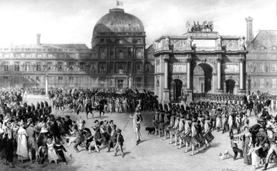 Darstellung einer Militärparade während des Ersten Französischen Kaiserreichs 1810, vor den Tuilerien. 1862 von Joseph Louis Hippolyte Bellange