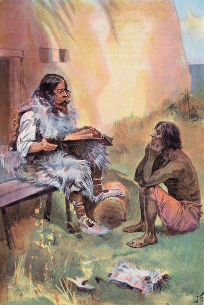 Robinson Crusoe: Ich lehre Freitag (Farblithografie) von Joseph (after) Finnemore