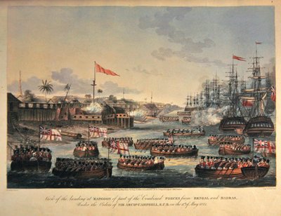 Ansicht der Landung in Rangoon eines Teils der kombinierten Streitkräfte aus Bengalen und Madras, unter dem Befehl von Sir Archibald Campbell, am 11. Mai 1825, graviert von Henry Pyall von Joseph (after) Moore