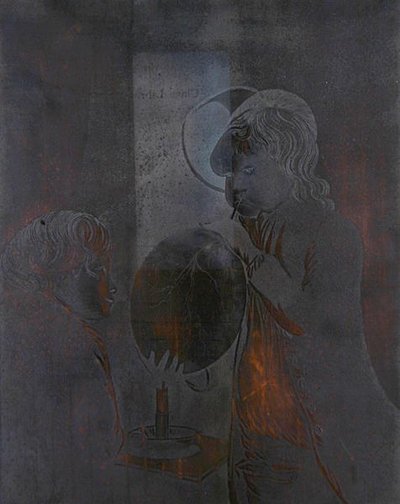Platte für Zwei Jungen, die eine Blase bei Kerzenlicht aufblasen, aquatintiert von Peter Perez Burdett von Joseph (after) Wright of Derby