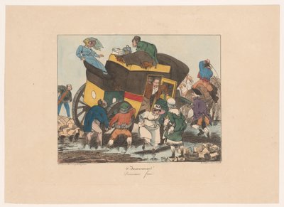 Omnibus mit Passagieren steckt im Schlamm fest von Joseph Ambroise Jobard