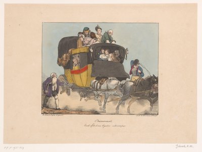 Frau erbricht sich aus einer fahrenden Omnibus (Ongemakken) von Joseph Ambroise Jobard