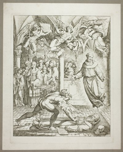 Der Kampf zwischen dem Teufel und dem heiligen Franziskus von Assisi um die Seele von Guido da Montefeltro, Tafel drei aus Darstellungen aus Dantes Hölle von Joseph Anton Koch