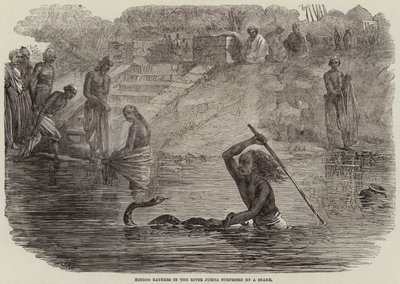 Hindoo-Bader im Fluss Jumna von einer Schlange überrascht von Joseph Austin Benwell