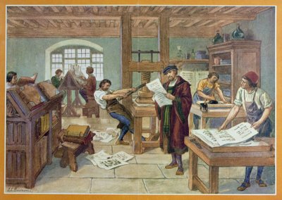 Die Erfindung des Buchdrucks mit beweglichen Lettern durch Gutenberg, Illustration aus 