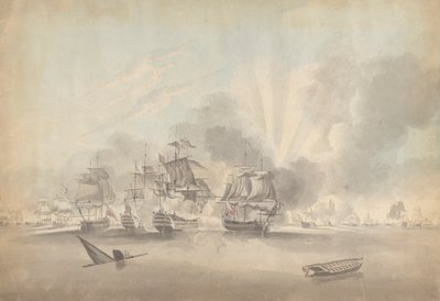 Kampfszene: Schlachtschiffe, Fregatten und Korvetten; sinkendes Boot und Ruderboot von Joseph Cartwright