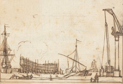 Dock-Szene: Boote und Schiffe verschiedener Größen; Schiffbau; Flaschenzugähnliche Maschinen mit Bedienern von Joseph Cartwright