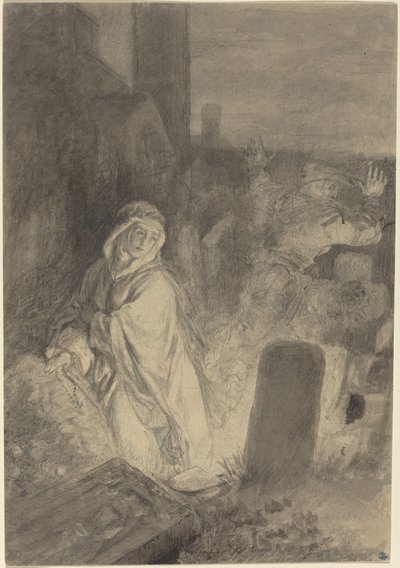 Ein Mann flieht vor einer betenden Nonne auf einem Friedhof von Joseph Fay