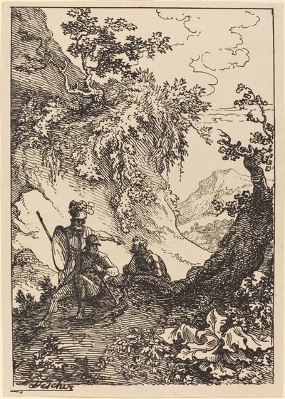Landschaft mit Männern in Rüstung, Baumstumpf von Joseph Fischer
