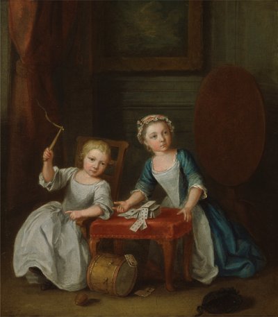 Zwei Kinder der Nollekens-Familie, wahrscheinlich Jacobus und Maria Sophia, spielen mit einem Kreisel und Spielkarten, 1745 von Joseph Francis Nollekens