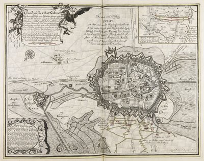 Grundriss der Stadt Douay mit dem ungefähr 800 Ruthen davon entfernten Fort an der Escarpe, liegt in der Grafschaft Flandern, 7 Meilen von Rissel, 6 von Dornik und 6 von Camerich, hat eine mittelmäßige Landvogtei und ist mit vielen schönen Kirchen von Joseph Friedrich Leopold