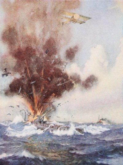 Staffelkommandant A.W. Bigsworth greift mit Bomben ein deutsches U-Boot an, das sich mit Wasser füllt und vor Ostende sinkt von Joseph Harold Swanwick