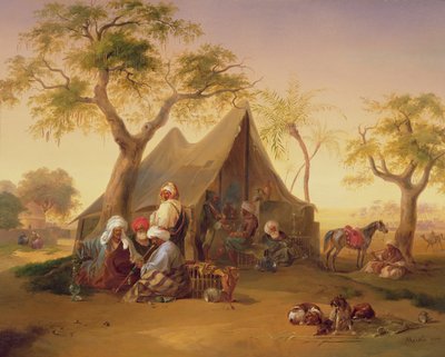 Scheichs trinken Kaffee vor einem Zelt, 1842 von Joseph Heicke