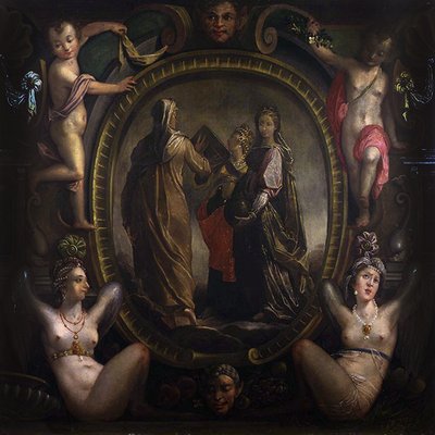 Drei allegorische Figuren in einer Kartusche von Joseph Heintz
