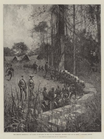 Die Ashanti-Expedition, ein Alarm in Ejuvassi, auf dem Weg nach Coomassie, Houssas rücken aus, um einen vermeintlichen Angriff abzuwehren von Joseph Holland Tringham