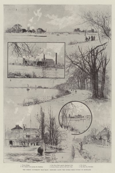 Das kommende Universitäts-Bootrennen, Skizzen entlang der Strecke von Putney nach Mortlake von Joseph Holland Tringham