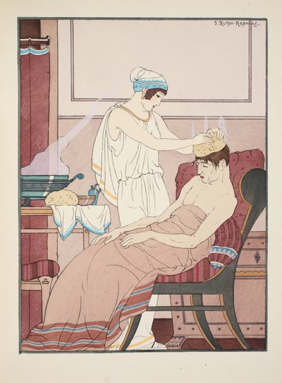 Ein in heißem Wasser getränkter Schwamm wird auf den Kopf aufgetragen, Illustration aus 